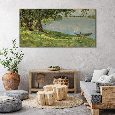 Painting boat lake tree Canvas print