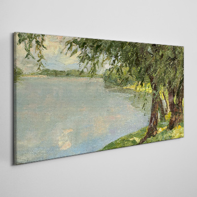 Painting lake trees Canvas print
