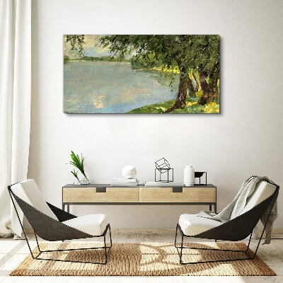 Painting lake trees Canvas print