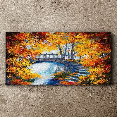Tree leaves river bridge Canvas Wall art