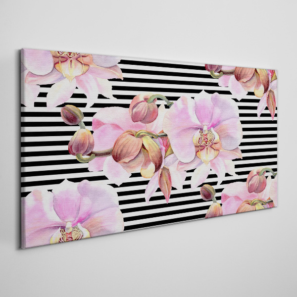 Orchids on a background of black stripes Canvas print