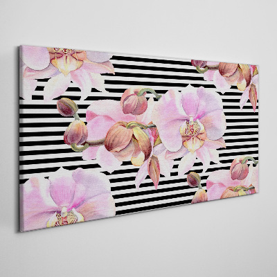 Orchids on a background of black stripes Canvas print