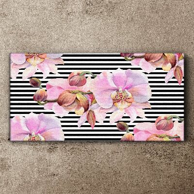 Orchids on a background of black stripes Canvas print
