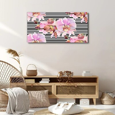 Orchids on a background of black stripes Canvas print