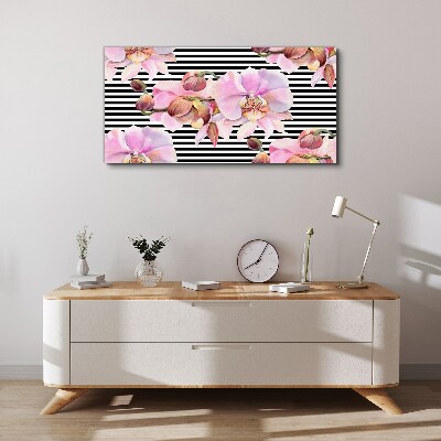 Orchids on a background of black stripes Canvas print