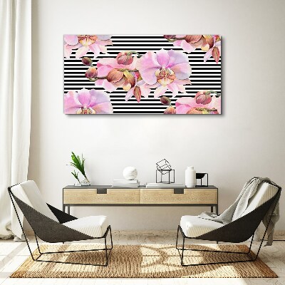 Orchids on a background of black stripes Canvas print