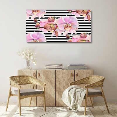 Orchids on a background of black stripes Canvas print