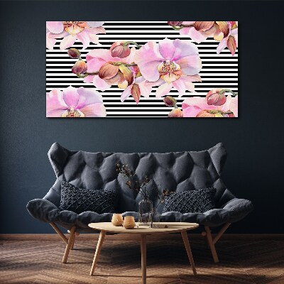 Orchids on a background of black stripes Canvas print