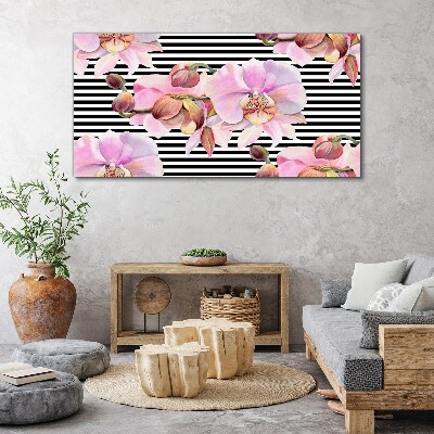 Orchids on a background of black stripes Canvas print