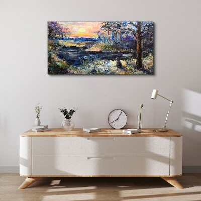 Sunset over the lake Canvas print