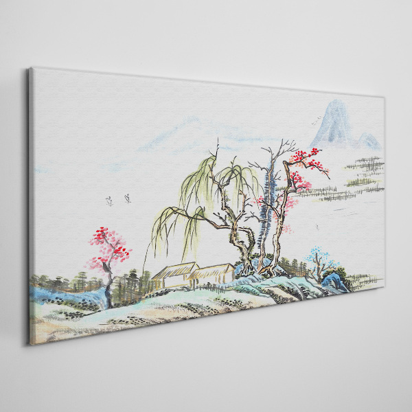 A peaceful landscape with trees and a house Canvas Wall art