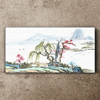 A peaceful landscape with trees and a house Canvas Wall art