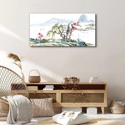 A peaceful landscape with trees and a house Canvas Wall art