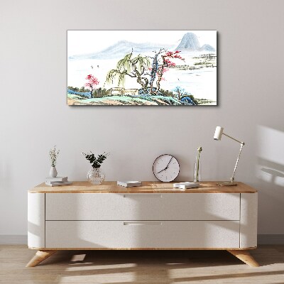 A peaceful landscape with trees and a house Canvas Wall art