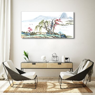 A peaceful landscape with trees and a house Canvas Wall art