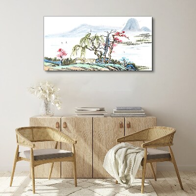 A peaceful landscape with trees and a house Canvas Wall art
