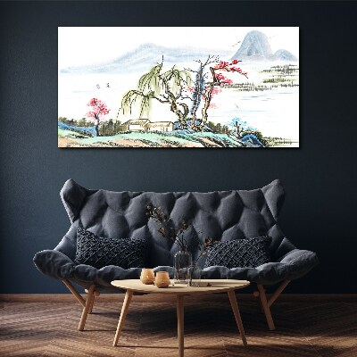 A peaceful landscape with trees and a house Canvas Wall art