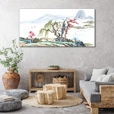 A peaceful landscape with trees and a house Canvas Wall art