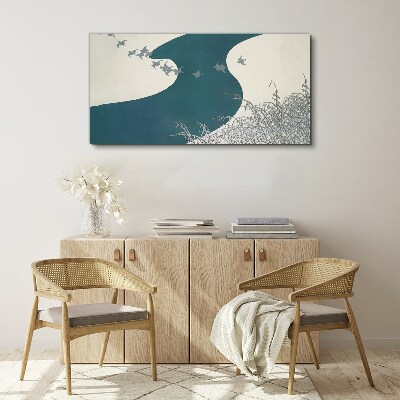 A calm river with birds flying away Canvas print