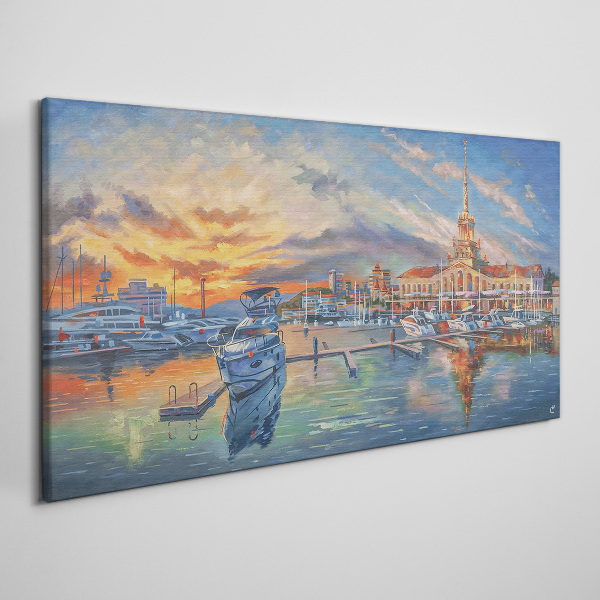 Sunset over the port Canvas print