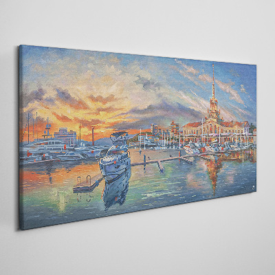Sunset over the port Canvas print