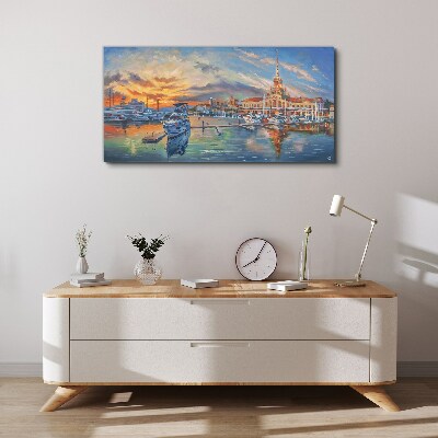 Sunset over the port Canvas print
