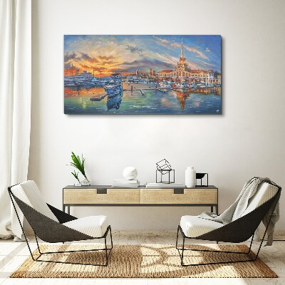 Sunset over the port Canvas print