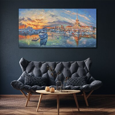 Sunset over the port Canvas print
