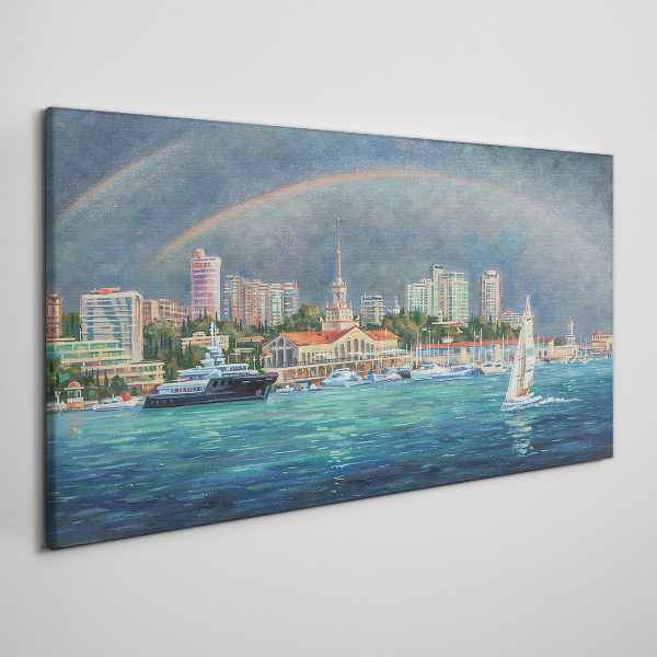 Sea panorama with a rainbow Canvas print