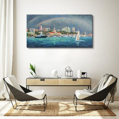 Sea panorama with a rainbow Canvas print