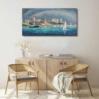 Sea panorama with a rainbow Canvas print