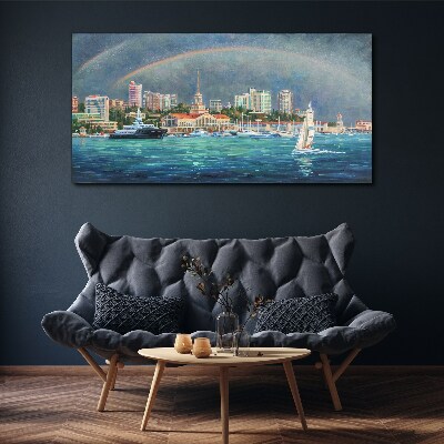 Sea panorama with a rainbow Canvas print