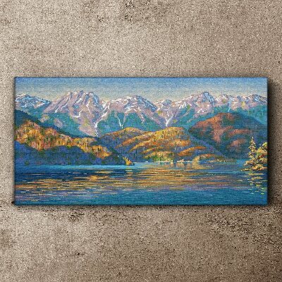 Painting lake mountains tree Canvas print