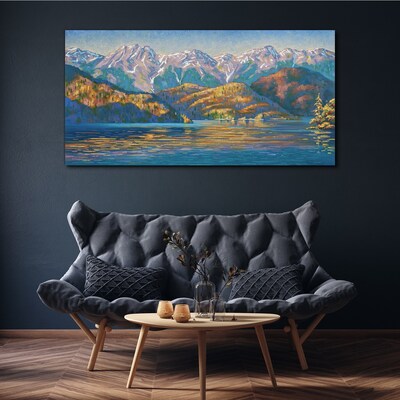 Painting lake mountains tree Canvas print