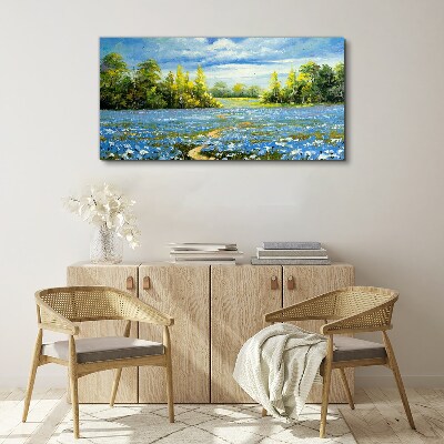 Spring landscape with blue flowers Canvas Wall art