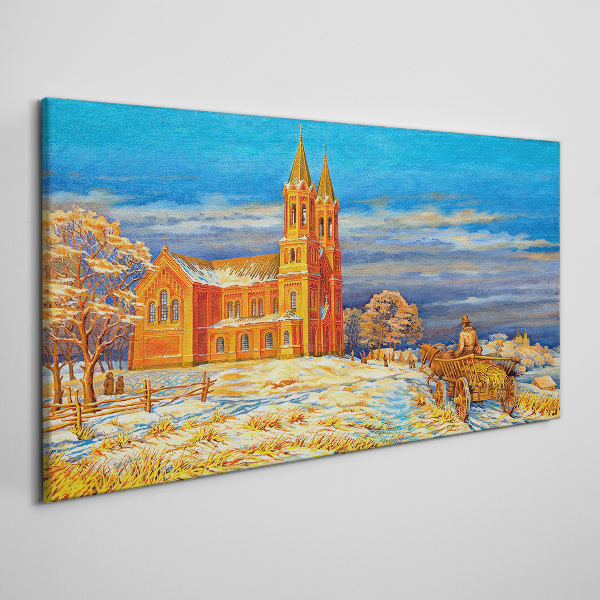 Winter landscape with a church Canvas Wall art