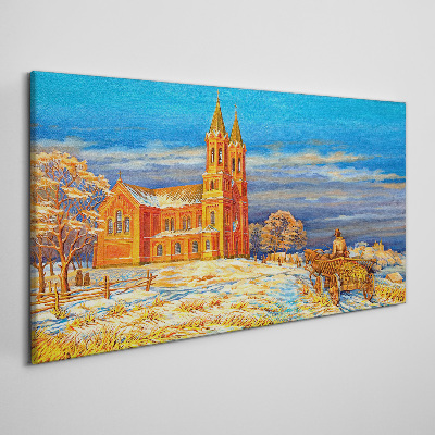 Winter landscape with a church Canvas Wall art
