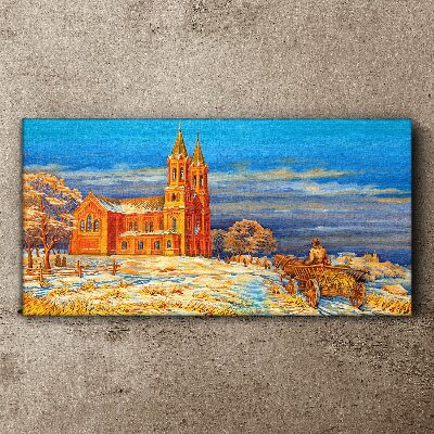 Winter landscape with a church Canvas Wall art