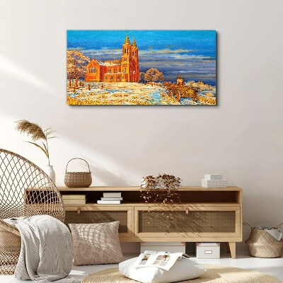 Winter landscape with a church Canvas Wall art