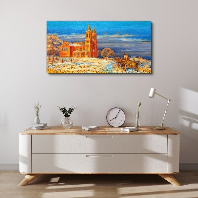 Winter landscape with a church Canvas Wall art