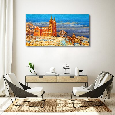 Winter landscape with a church Canvas Wall art