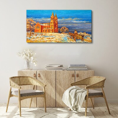 Winter landscape with a church Canvas Wall art