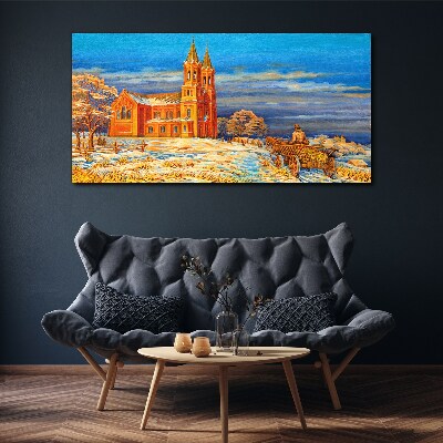 Winter landscape with a church Canvas Wall art