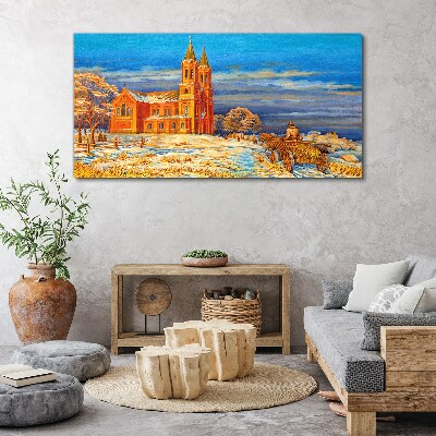 Winter landscape with a church Canvas Wall art