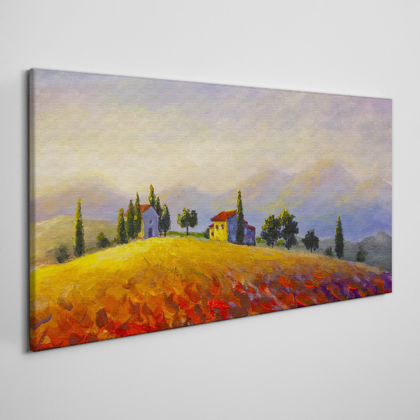 Sunny landscape with houses on a hill Canvas Wall art