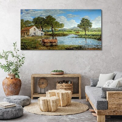 Village tree mountain landscape Canvas Wall art