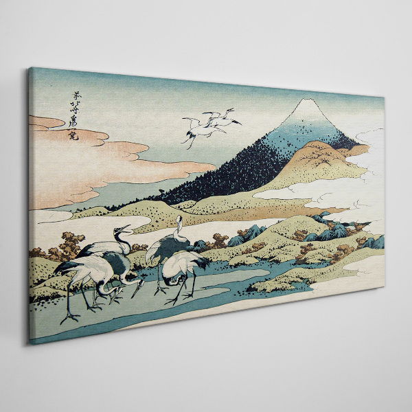 Cranes by a Mountain Canvas Wall art