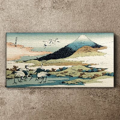 Cranes by a Mountain Canvas Wall art