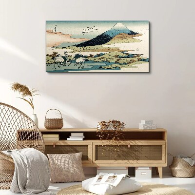 Cranes by a Mountain Canvas Wall art