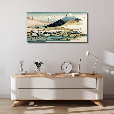 Cranes by a Mountain Canvas Wall art
